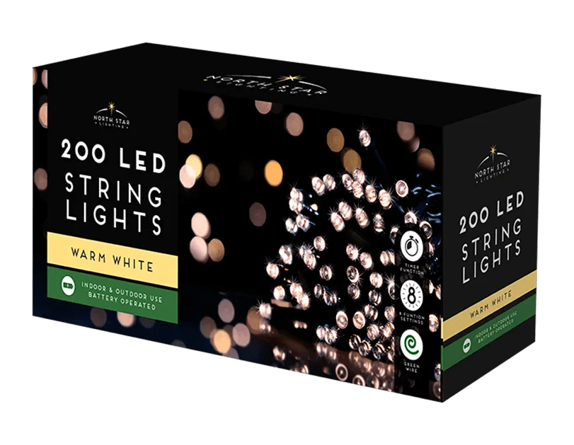 20 meters Warm White LED Battery Operated Christmas Lights 200 Count - MODA FLORA Santa's Workshop