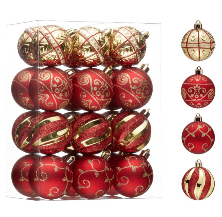24pcs 6cm Shatterproof Red Gold Baubles Set 06024003 - MODA FLORA Santa's Workshop