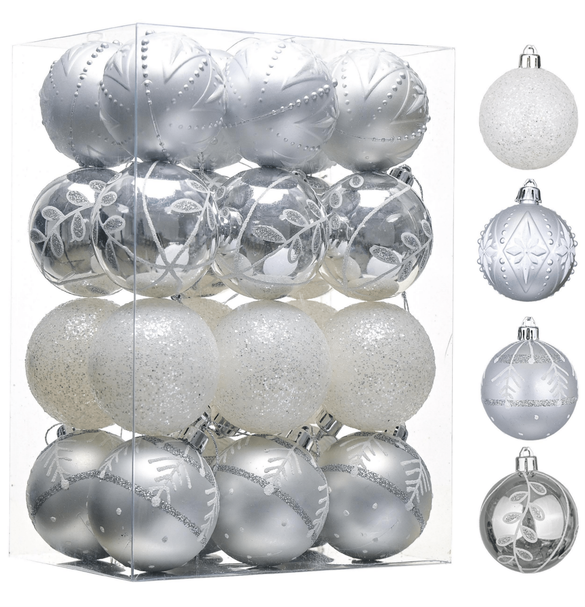 24pcs 6cm Shatterproof Silver & Christmas Baubles Set 06024001 - MODA FLORA Santa's Workshop