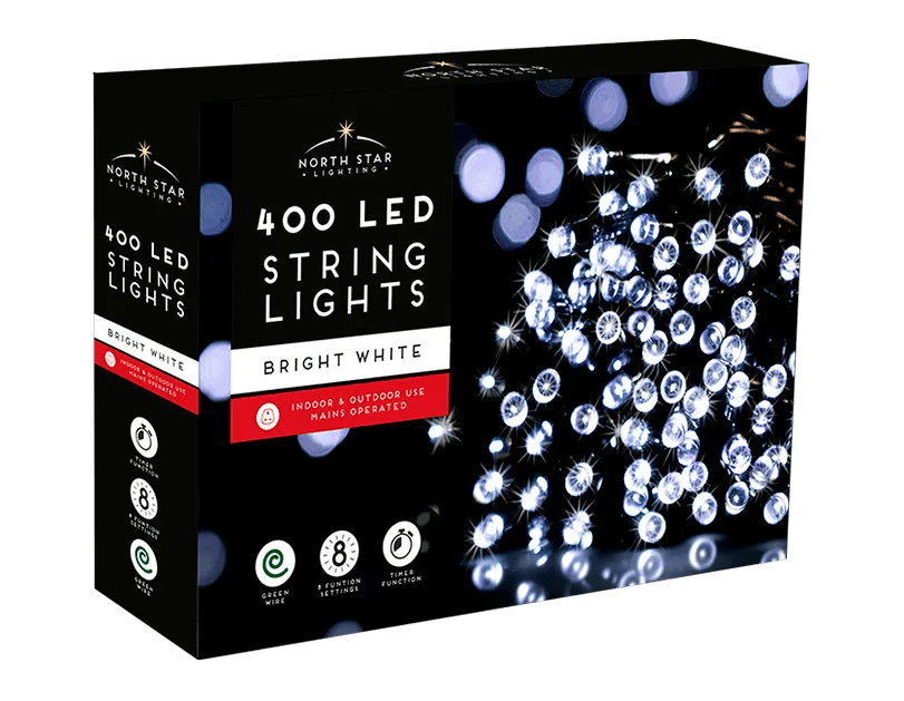 29 meters Bright White LED Mains Operated Christmas Lights 400 Count - MODA FLORA Santa's Workshop