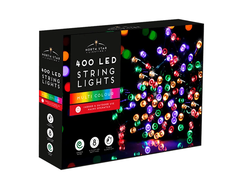 29 meters Multicoloured LED Mains Operated Christmas Lights 400 Count - MODA FLORA Santa's Workshop