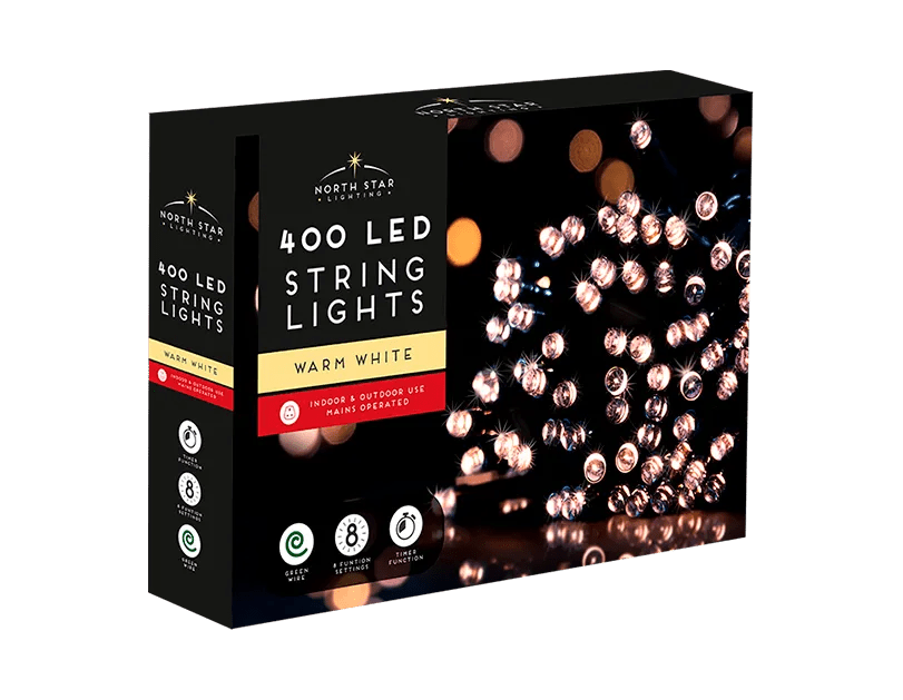 29 meters Warm White LED Mains Operated Christmas Lights 400 Count - MODA FLORA Santa's Workshop