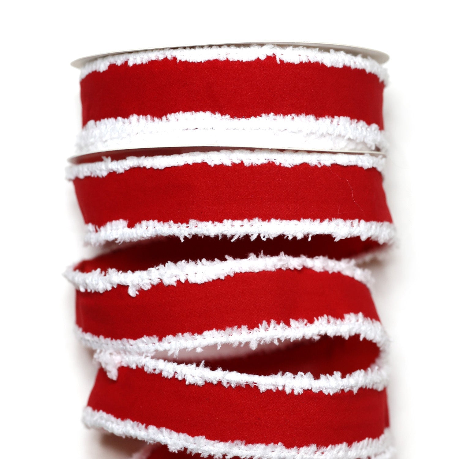 30mm x 9M Red Velvet White Frayed Ribbon 3009001 - MODA FLORA Santa's Workshop