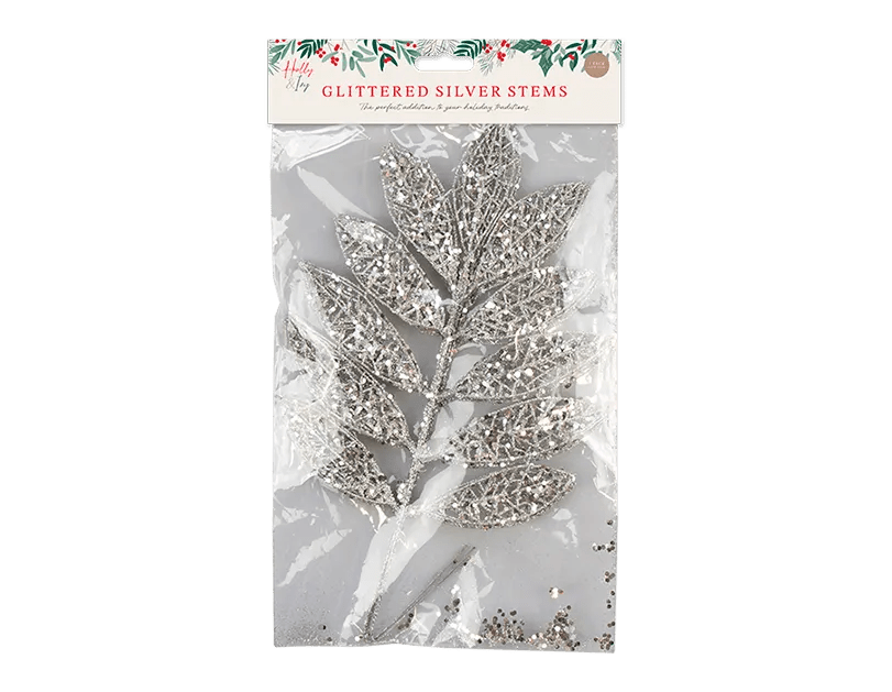 43cm 3pcs Silver Glitter Stems - MODA FLORA Santa's Workshop