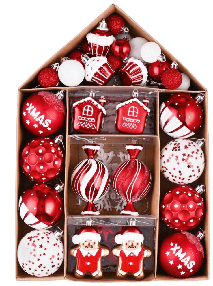 70pcs Shatterproof Red White Set 00070002 - MODA FLORA Santa's Workshop
