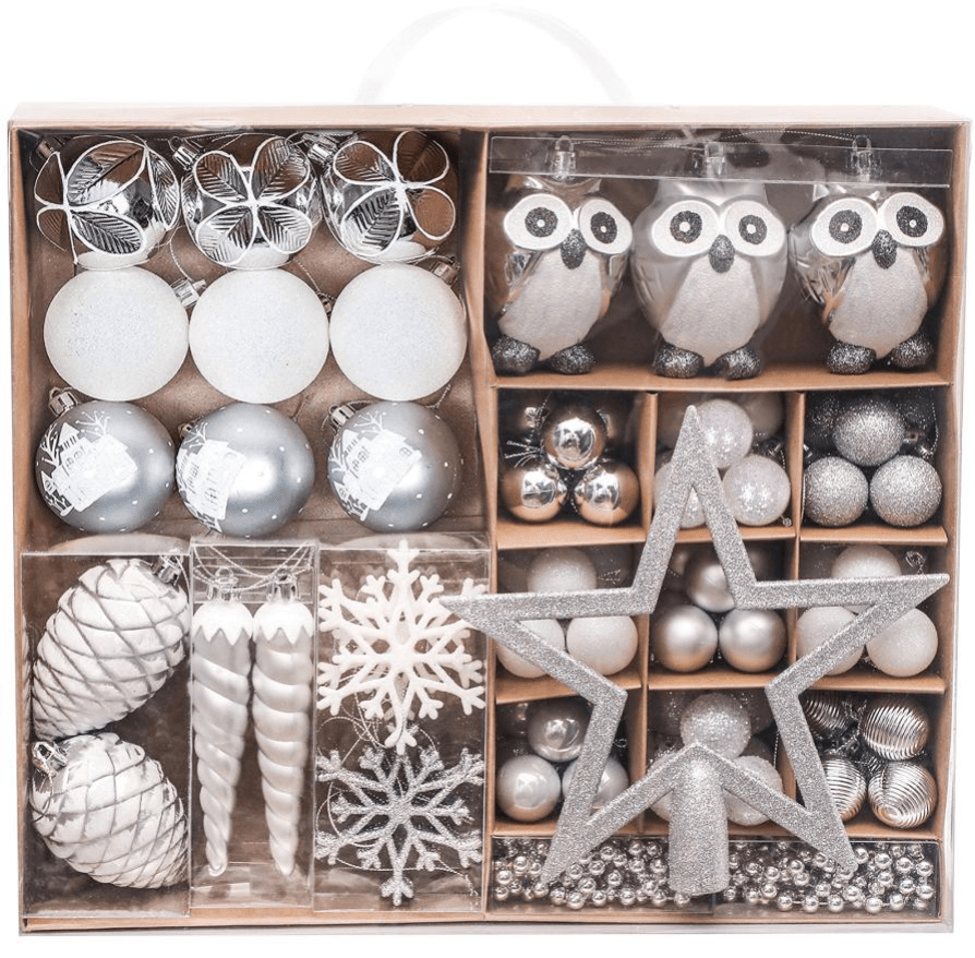 90pcs Shatterproof Silver Christmas Ornament Set 00090001 - MODA FLORA Santa's Workshop