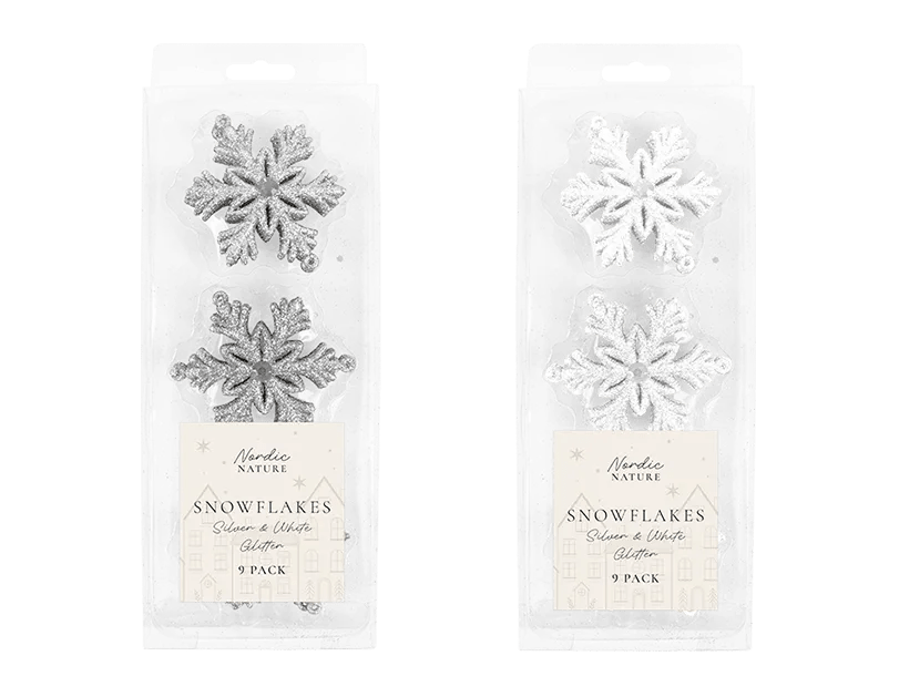 9pcs Glittered Christmas Snowflakes Shatterproof Ornaments Set - MODA FLORA Santa's Workshop
