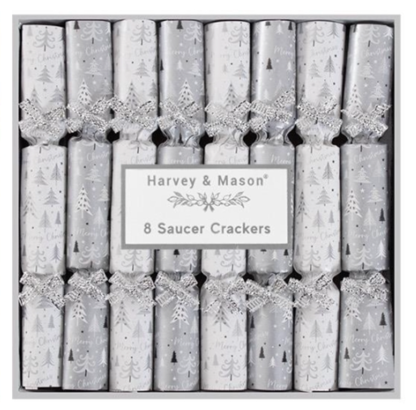 8PCS 4.5" Harvey & Mason Silver and White Christmas Saucer Crackers
