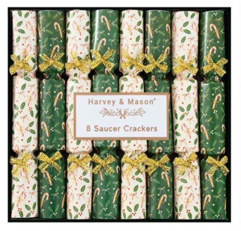 8PCS 4.5" Harvey & Mason Green and Cream Christmas Saucer Crackers
