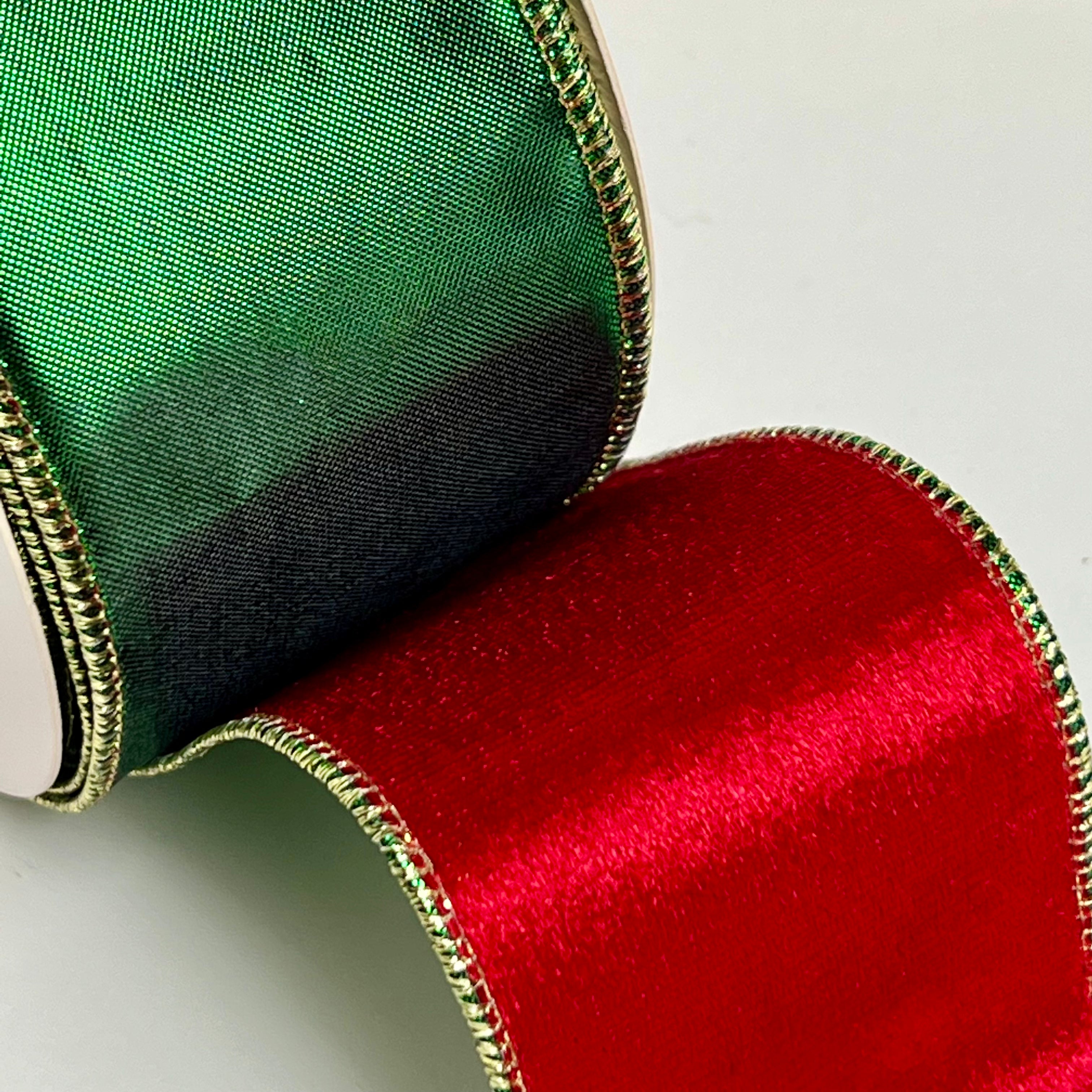 63mm x 9M Red Velvet Green Satin Wired Ribbon 6309005