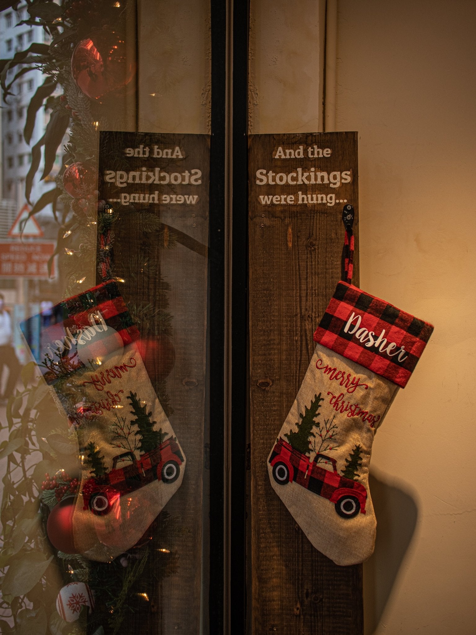 Personalised Buffalo Plaid Red Truck Classic Christmas Stocking 1pc - MODA FLORA Santa's Workshop