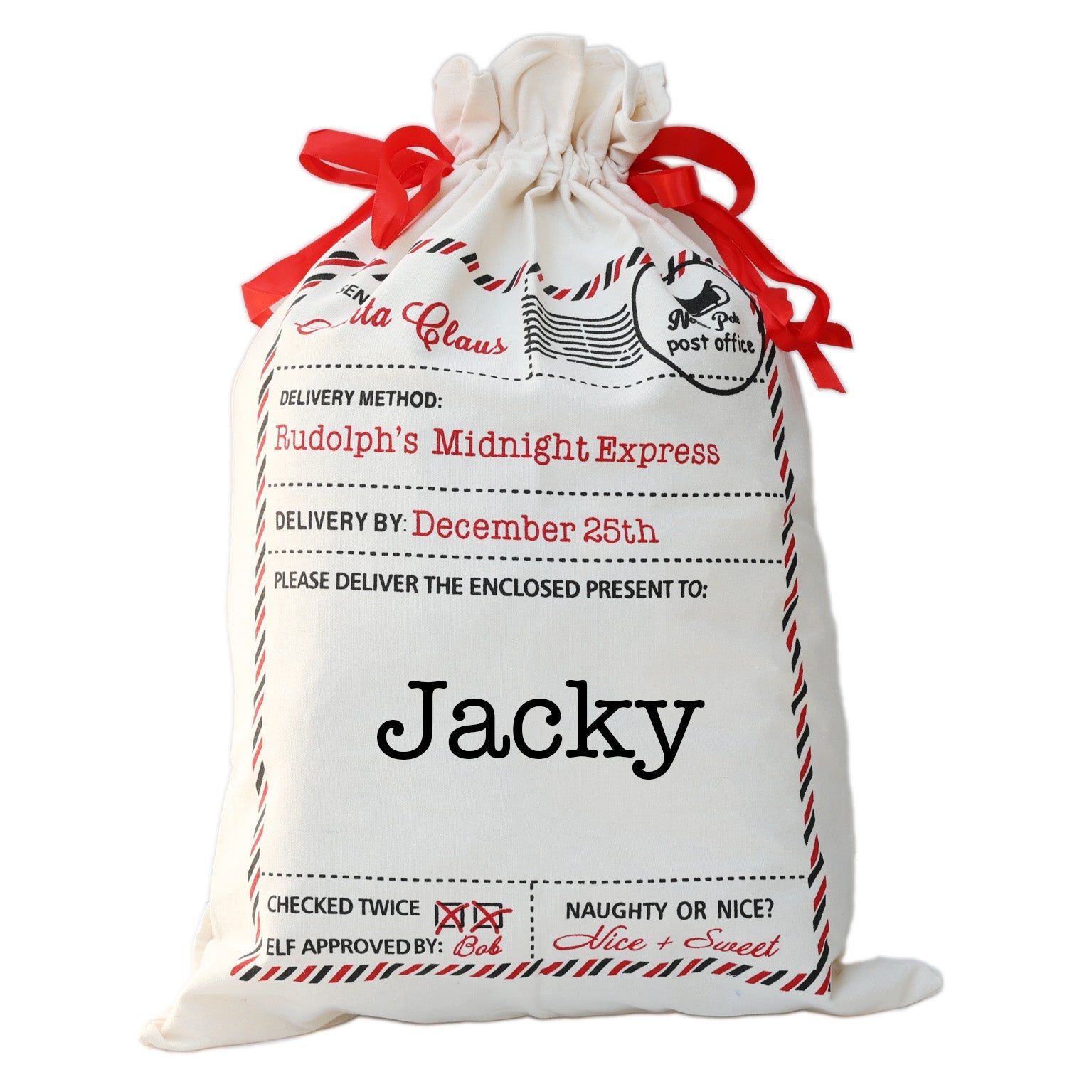 Personalised Rudolph's Midnight Express Santa Sack SAC006 - MODA FLORA Santa's Workshop