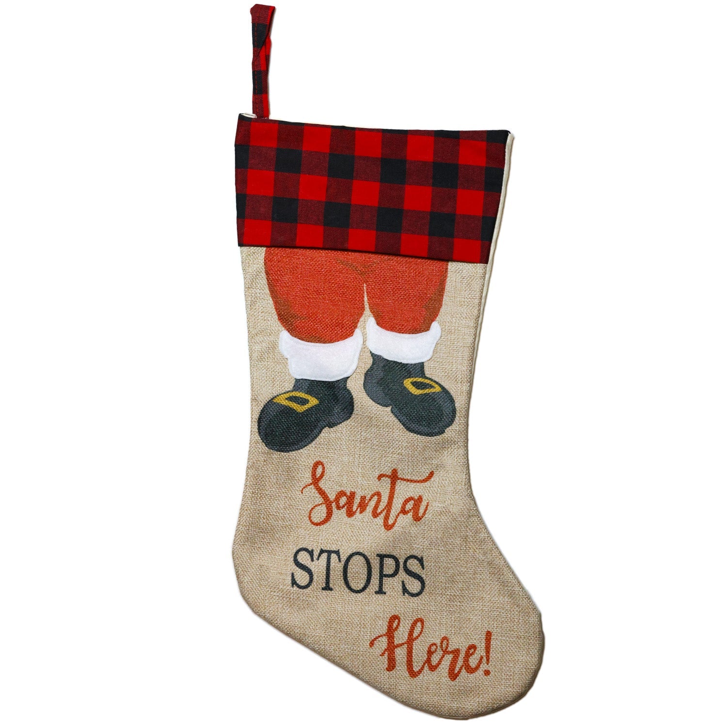 Personalised Santa Stops Here Christmas Stocking 1pc - MODA FLORA Santa's Workshop