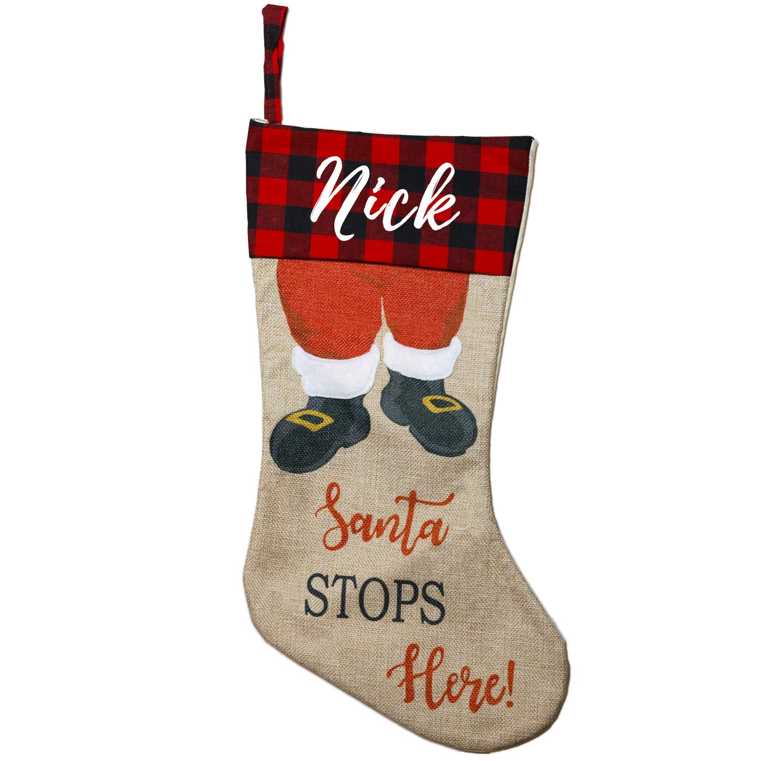 Personalised Santa Stops Here Christmas Stocking 1pc - MODA FLORA Santa's Workshop