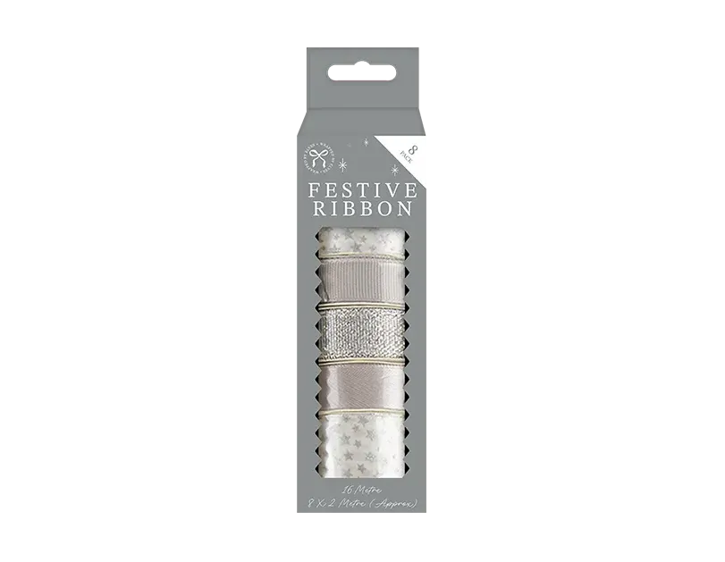 8 Rolls x 2 Meter Silver White Gift Wrapping Ribbon Set