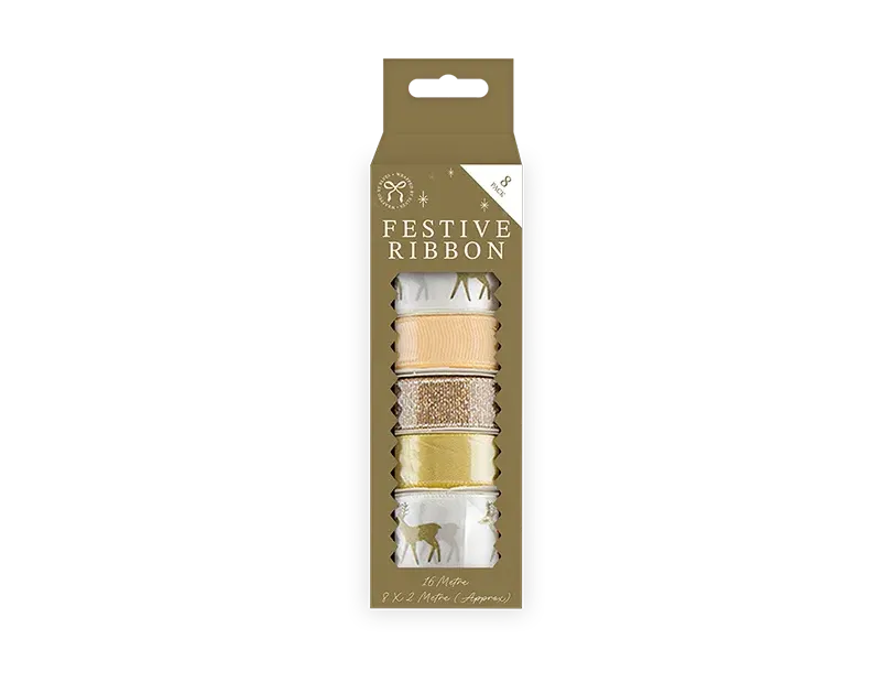 8 Rolls x 2 Meter Cream and Gold Gift Wrapping Ribbon Set