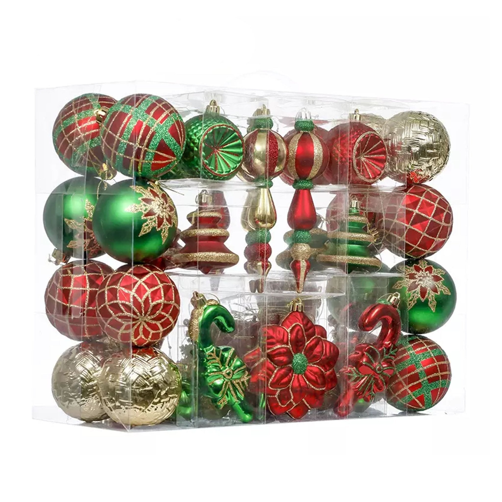 108pcs 7 - 17cm Premium Red Green Gold Shatterproof Ornament Set 00108001 - MODA FLORA Santa's Workshop