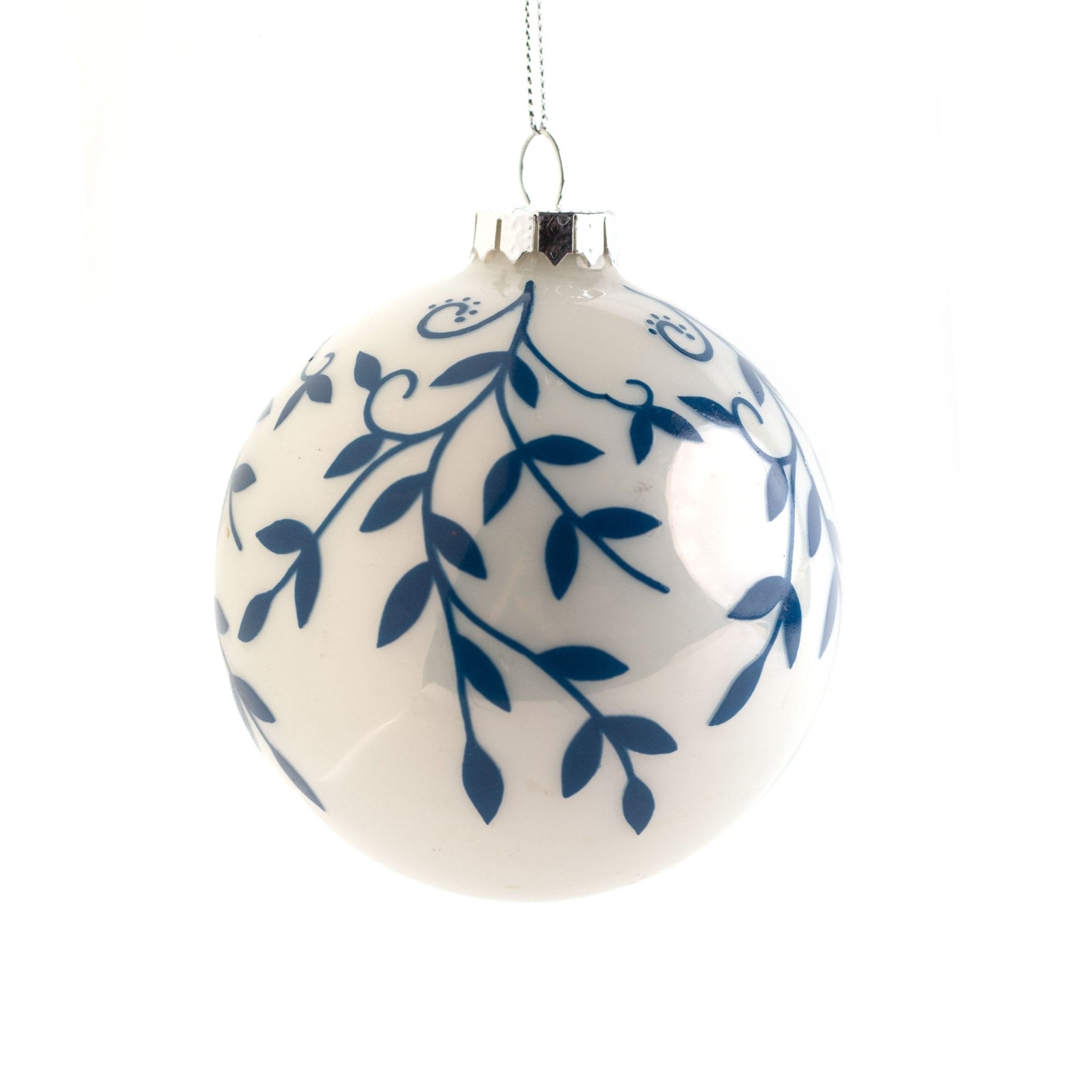 10cm White Blue Round Glass Ornament OGS032 - MODA FLORA Santa's Workshop
