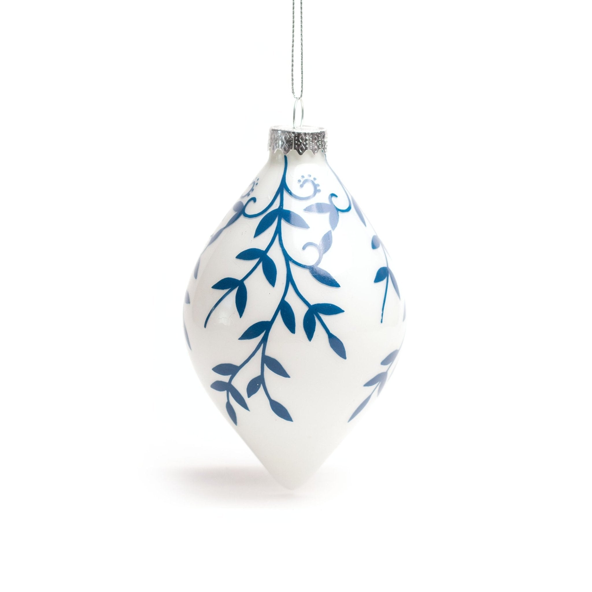 12cm White Blue Double Tips Glass Ornament OGS031 - MODA FLORA Santa's Workshop