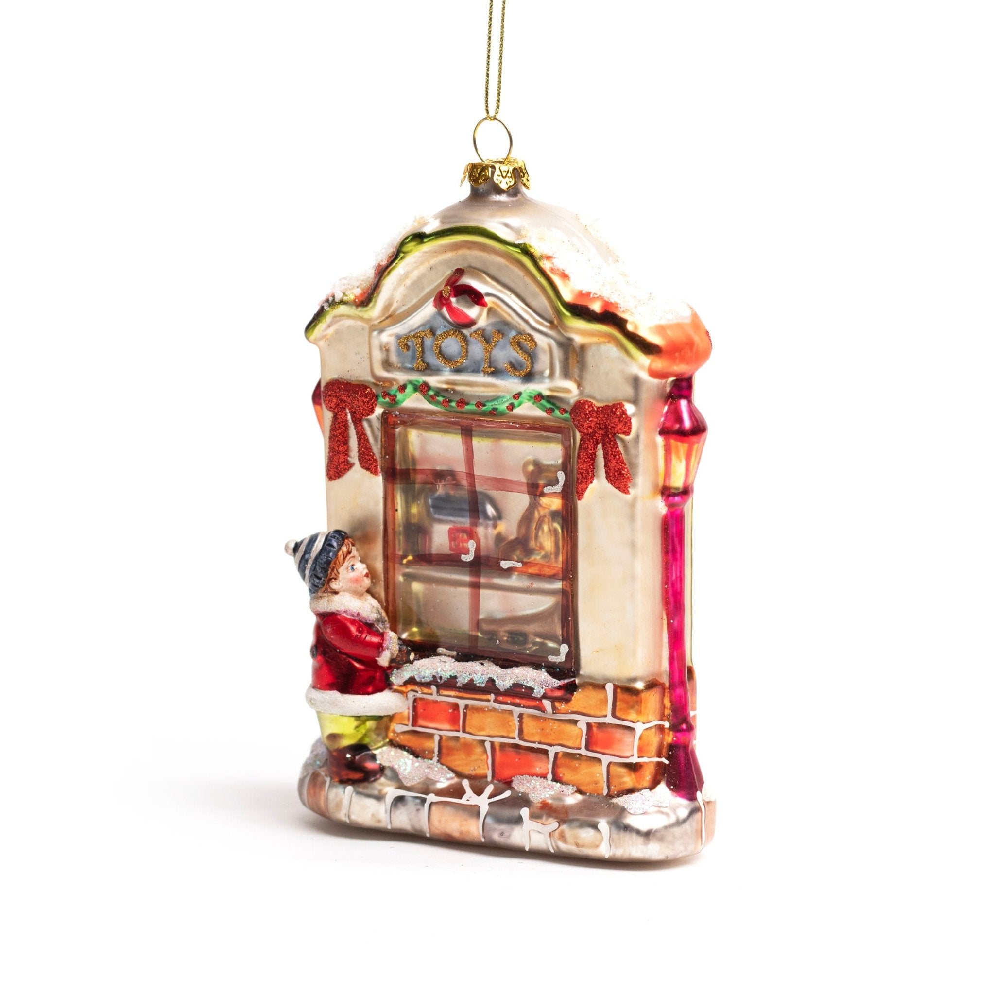 16.5cm Santa Toy Shop With Little Boy Glass Ornament OGS008 - MODA FLORA Santa's Workshop