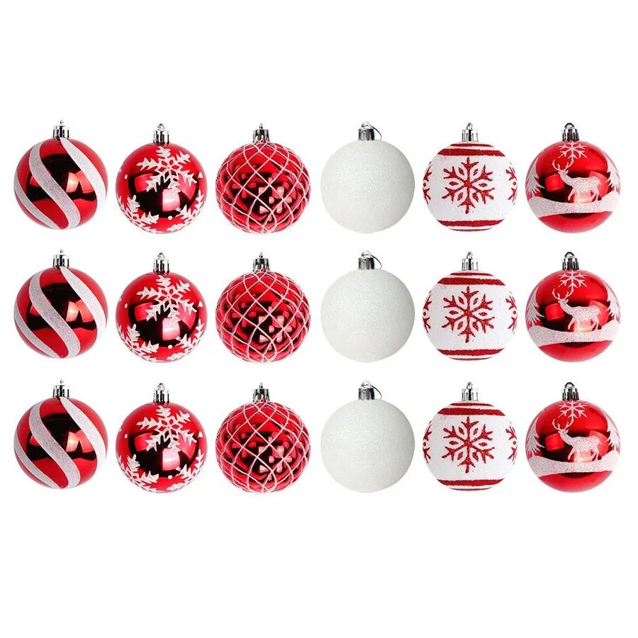 18pcs 7cm Farmhouse Shatterproof Red White Christmas Ball Ornaments - MODA FLORA Santa's Workshop