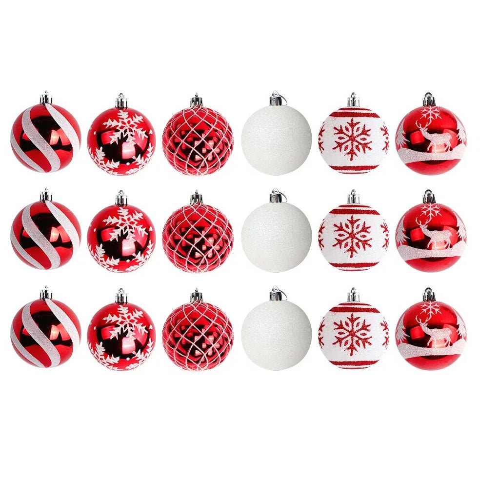 27pcs 7cm Farmhouse Shatterproof Red White Christmas Ball Ornaments - MODA FLORA Santa's Workshop