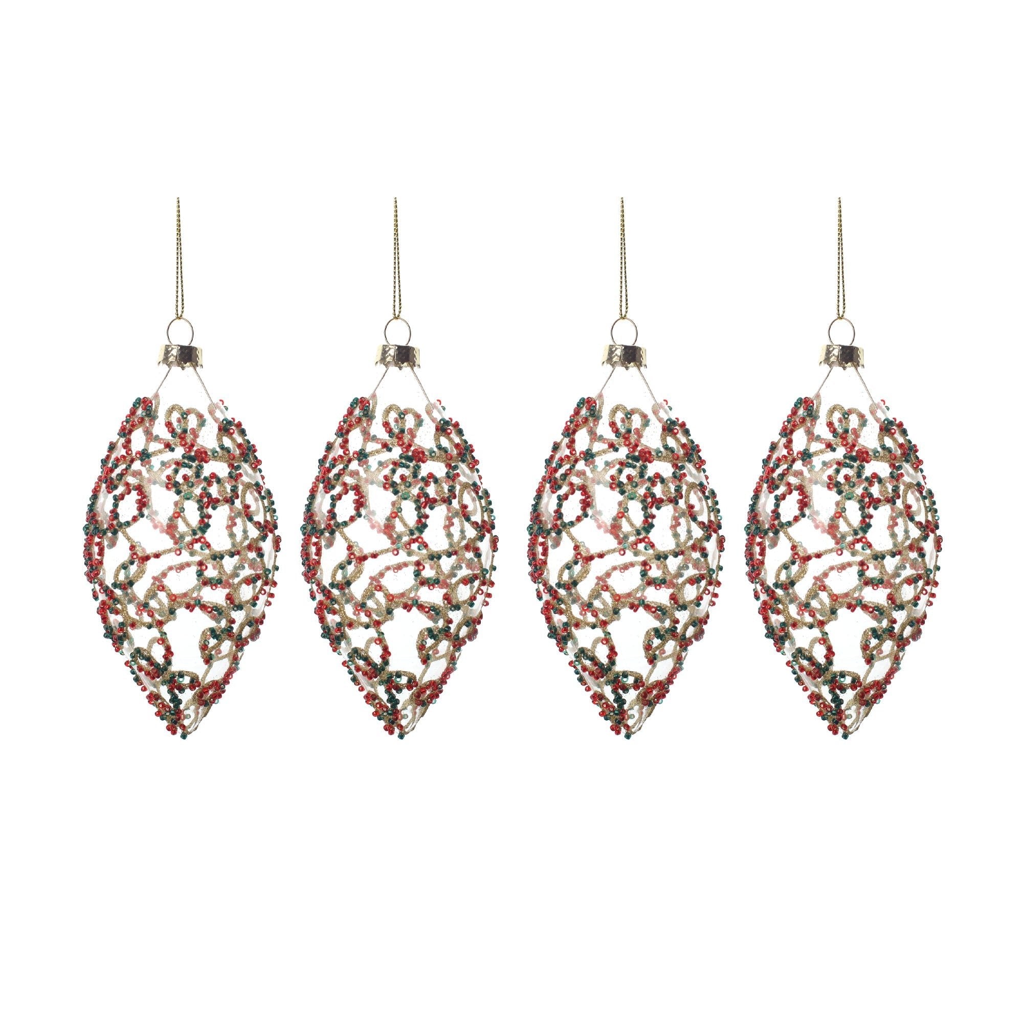4pcs 13cm Clear Red Green Beaded Double Tips Glass Ornament 1304002G - MODA FLORA Santa's Workshop
