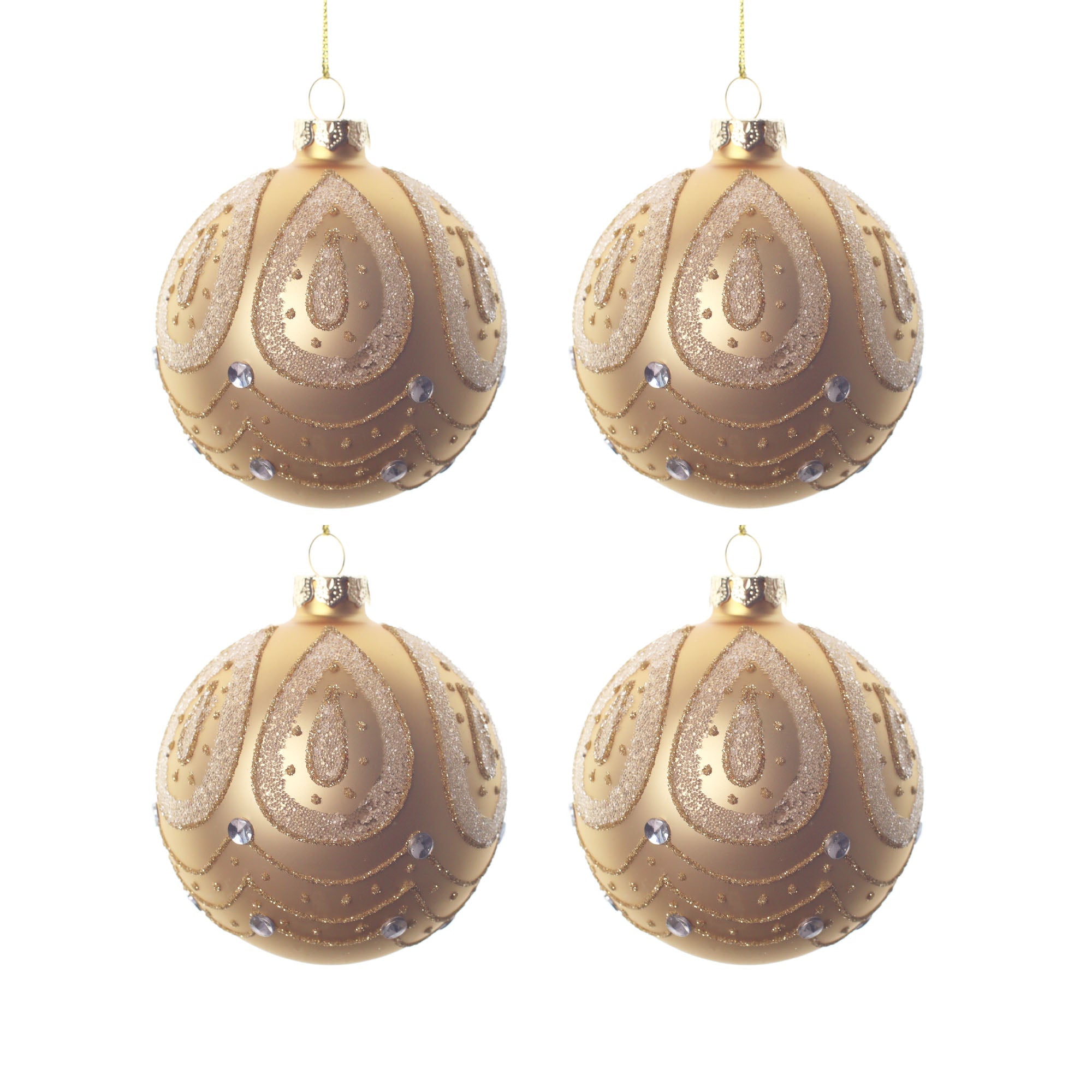 4pcs 8cm Gold Beaded Teardrop Round Glass Ornament 0804001G - MODA FLORA Santa's Workshop