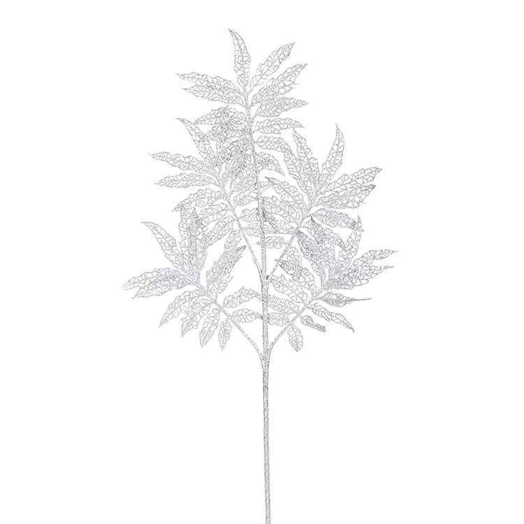 52cm Faux Glitter Silver Leaves Pick - MODA FLORA Santa's Workshop