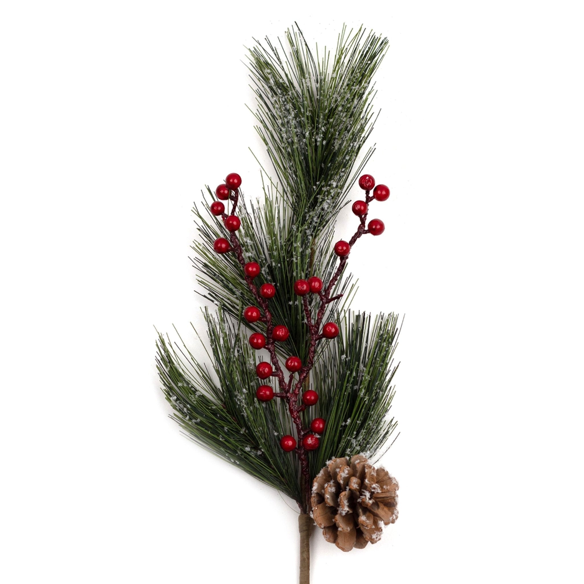 56cm Faux Pine with Pine Cone and Red Berries Pick 00301 - MODA FLORA Santa's Workshop