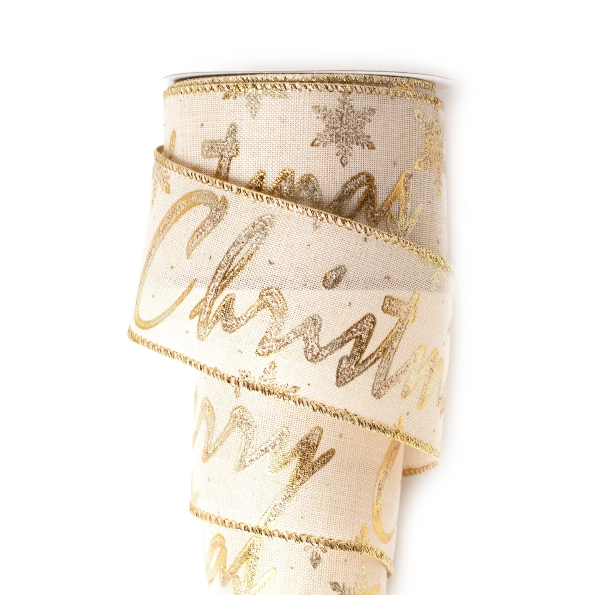 63mm x 9M Gold Merry Christmas Wired Ribbon 6309001 - MODA FLORA Santa's Workshop