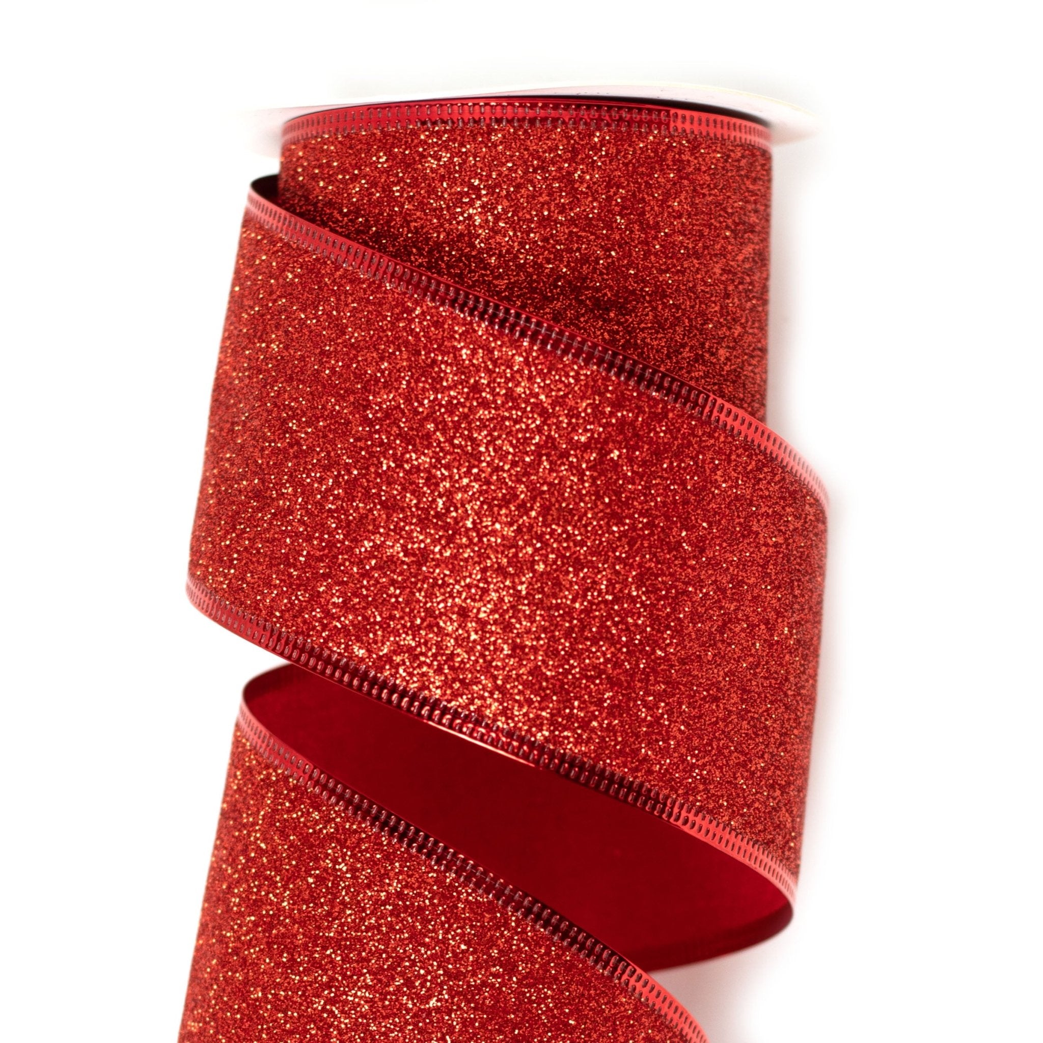 63mm x 9M Red Glitter Wired Ribbon 6309021 - MODA FLORA Santa's Workshop