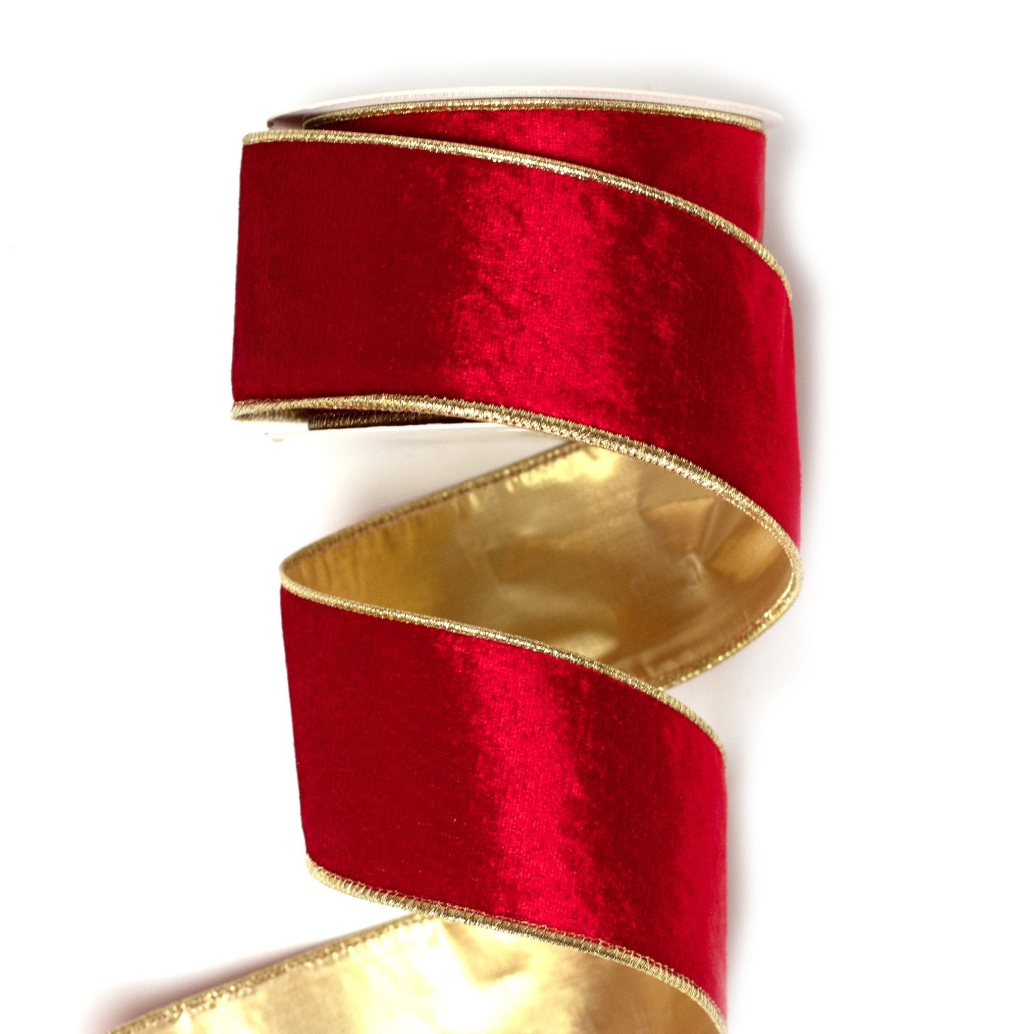63mm x 9M Red Velvet Gold Satin Wired Ribbon 6309004 - MODA FLORA Santa's Workshop