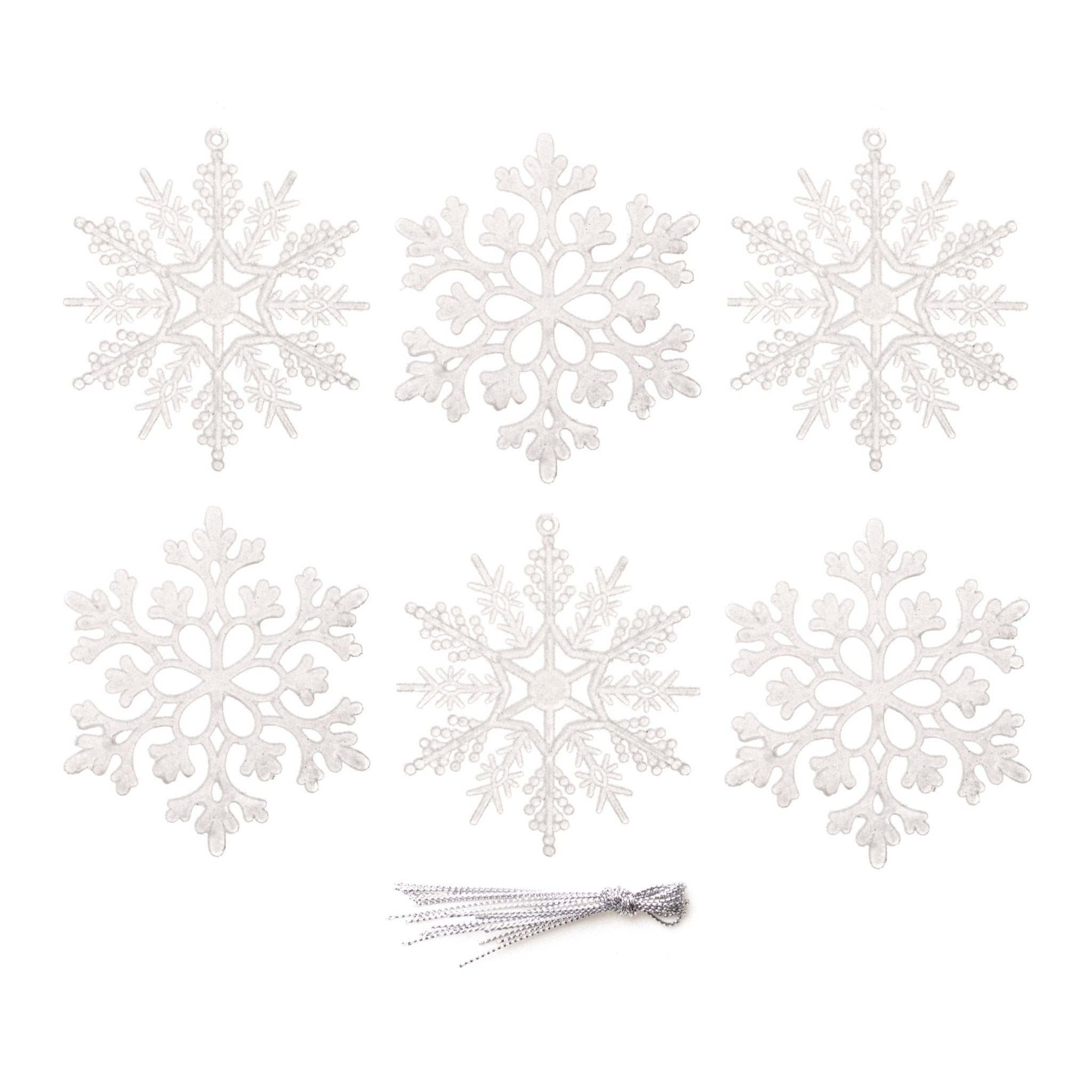 6pcs 10cm White Glittered Snowflakes Ornaments with Hanging Strings 01406 - MODA FLORA Santa's Workshop