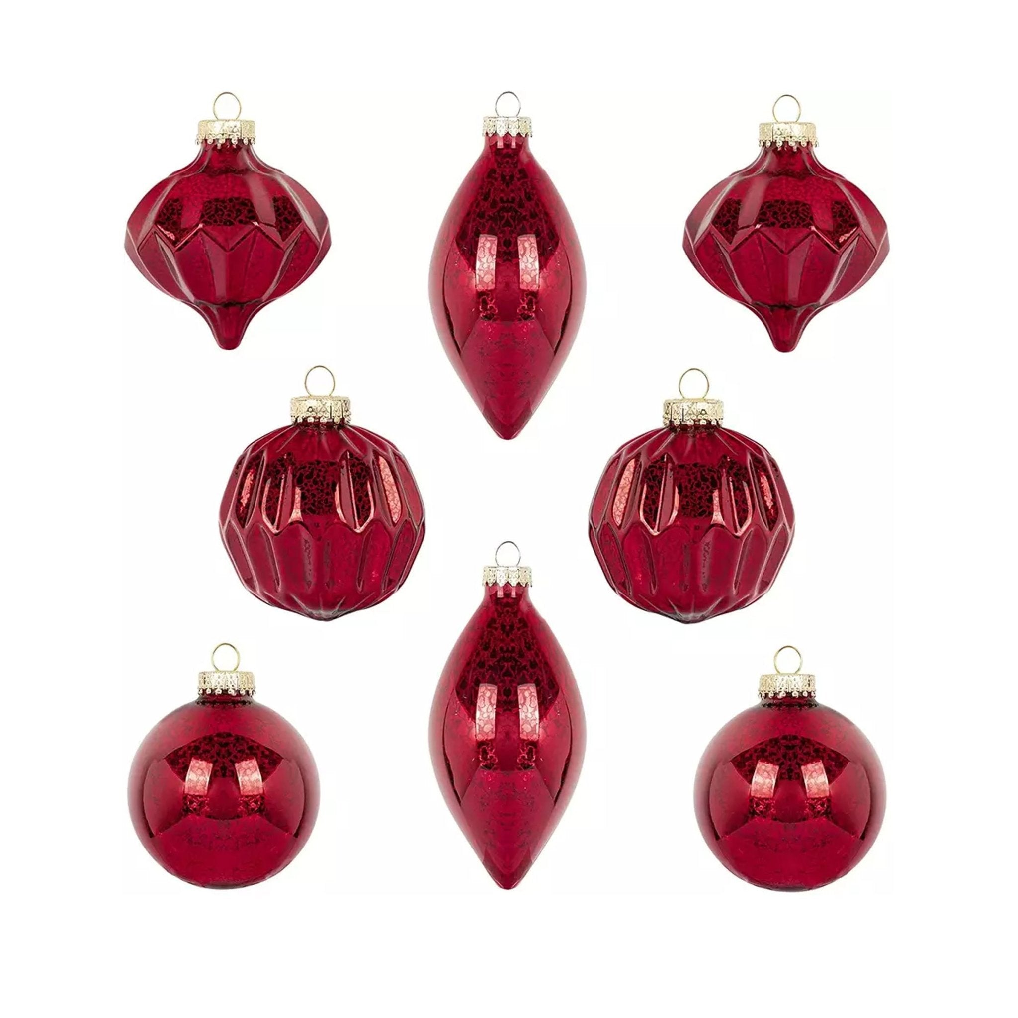 8pcs 8-12.5cm Red Mercury Glass Ornaments Set 0808001G - MODA FLORA Santa's Workshop