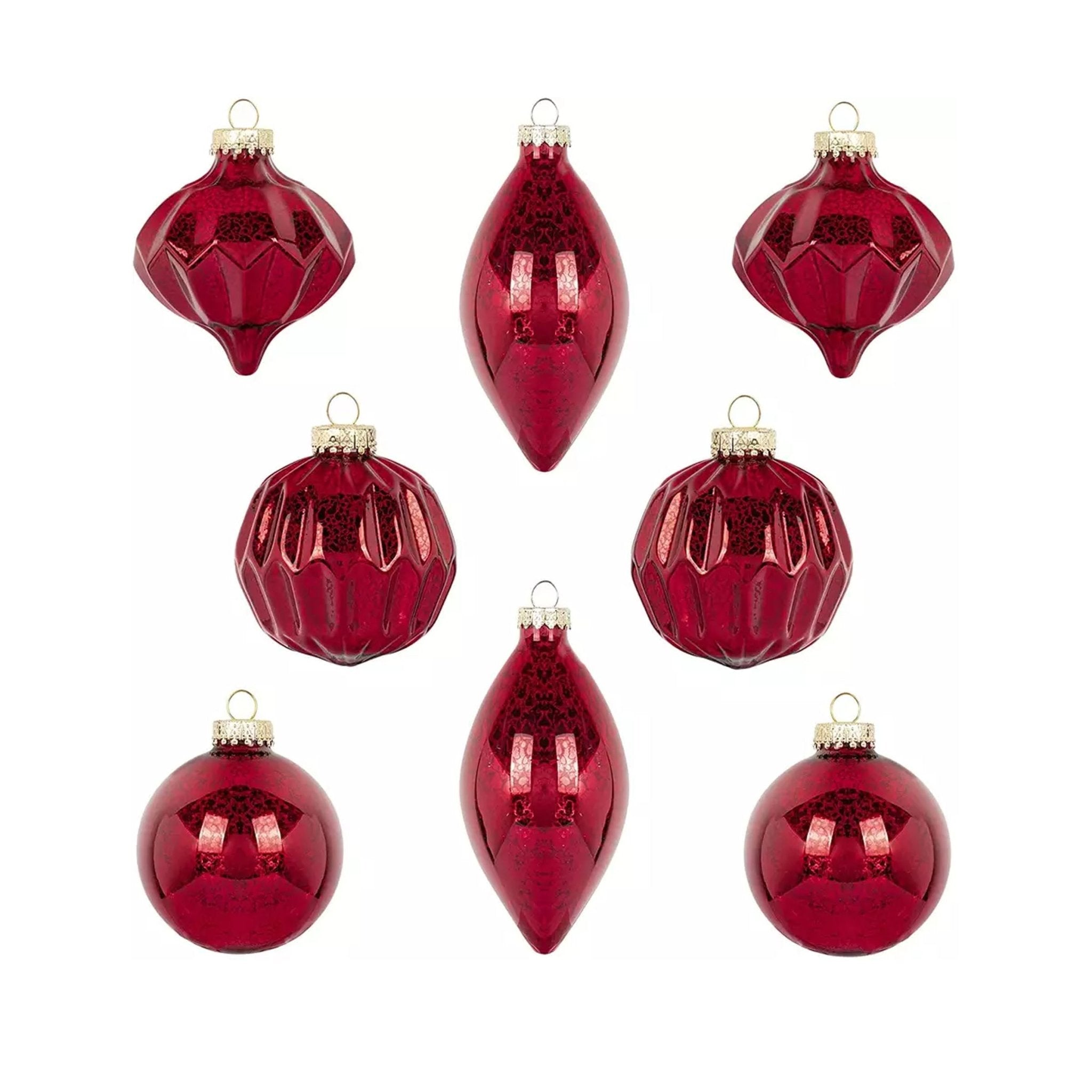 8pcs 8 - 12.5cm Red Mercury Glass Ornaments Set 0808001G - MODA FLORA Santa's Workshop