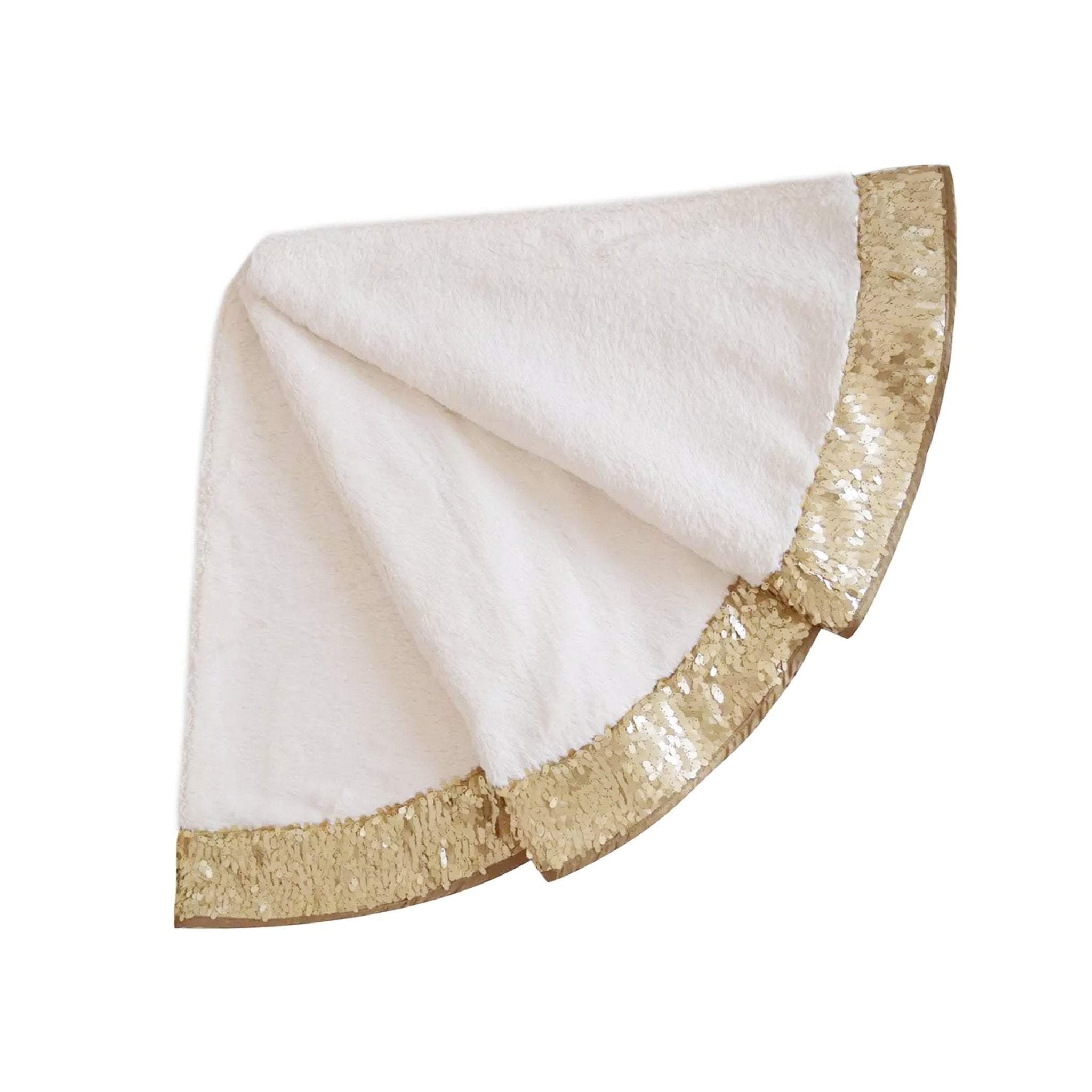 90cm Luxury Faux Fur Christmas Tree Skirt With Golden Sequin Glitter Border 090001 - MODA FLORA Santa's Workshop