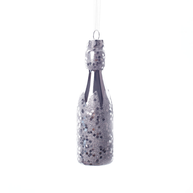15cm Champagne Bottle Glass Ornament Silver OGS028