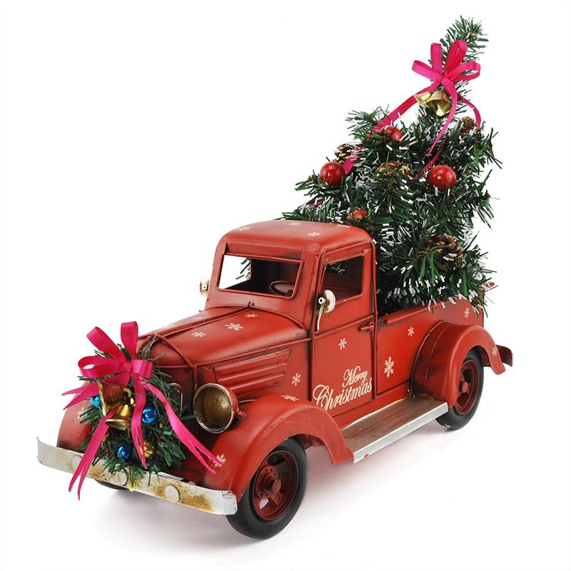 Farmhouse Red Truck Metal Truck with Christmas Tree - MODA FLORA Santa's Workshop