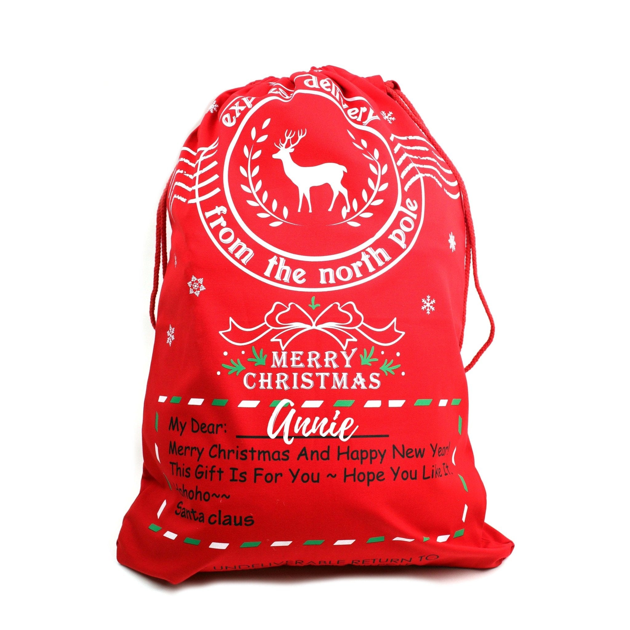 Personalised Merry Christmas Red Santa Sack SAC003 - MODA FLORA Santa's Workshop