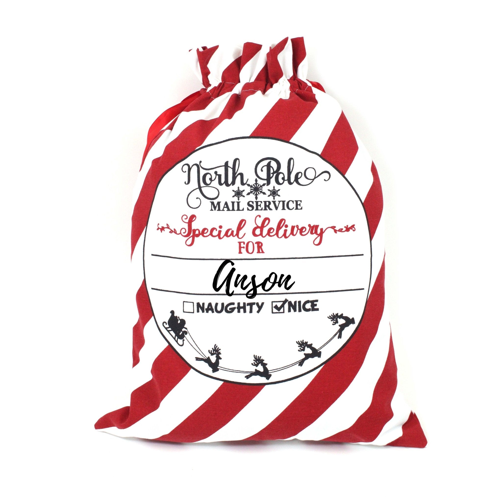 Personalised North Pole Mail Service Candy Cane Santa Sack - MODA FLORA Santa's Workshop